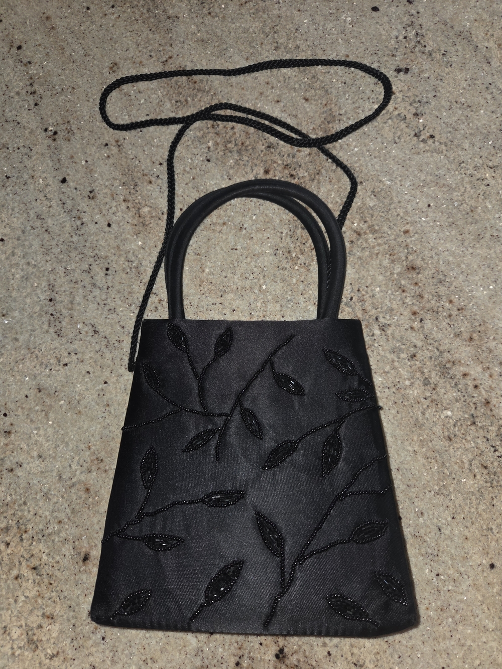 Elegant Black Beaded Leaf Evening Crossbody Bag